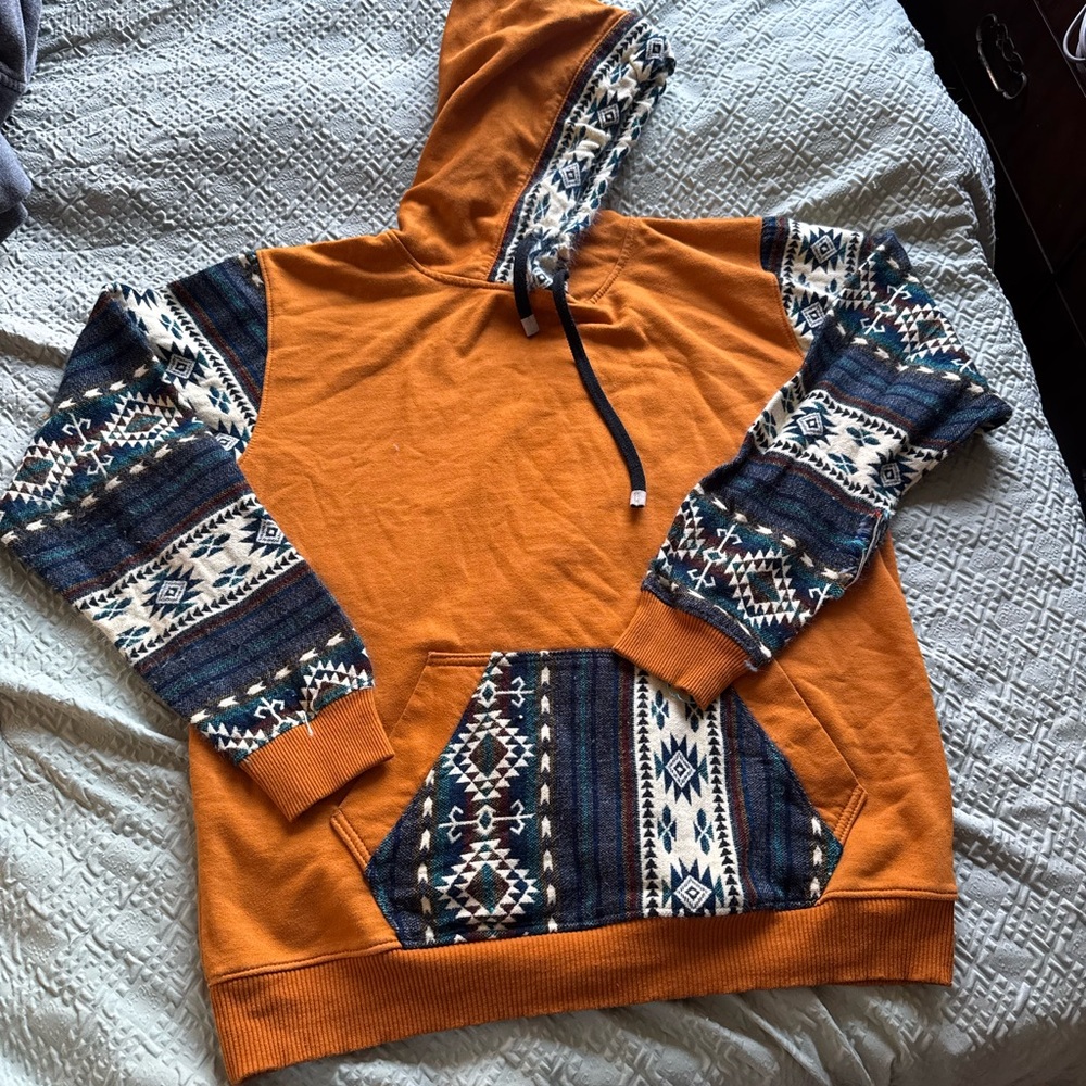 ALKAMARI Bohemian Roots Men's L mustard Pullover Hoodie with Aztec Accent Panels